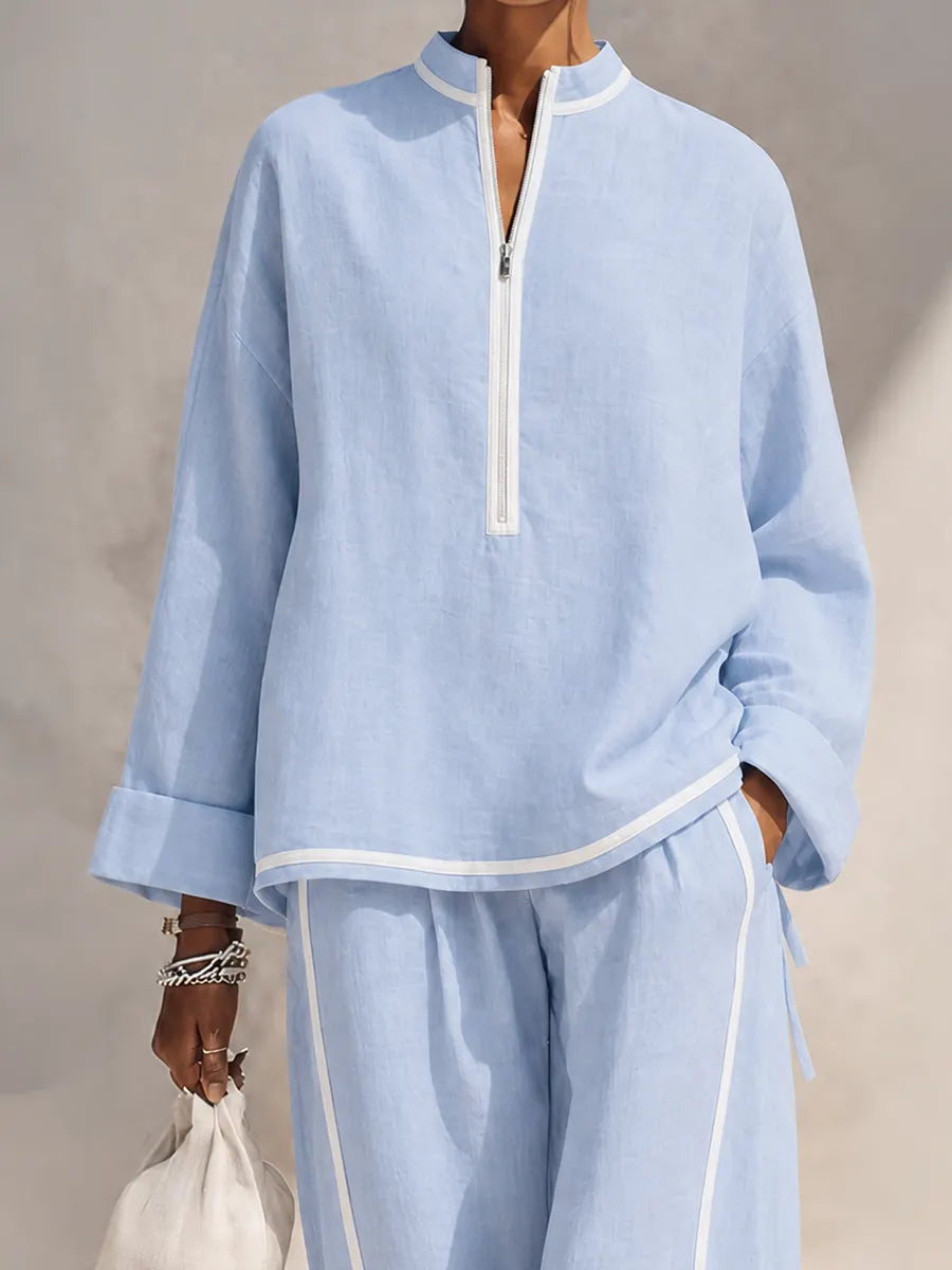 Women's Light‑Blue Linen Fabric Stand‑Collar Half‑Zip Oversized Top & Wide‑Leg Pants Set MDZ1594G5ZRK