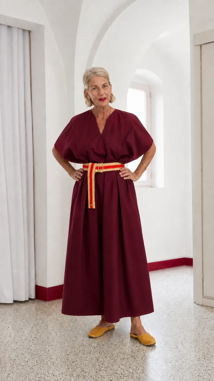 Women's V-Neck Belted Kimono Maxi Dress with Topstitch Detail