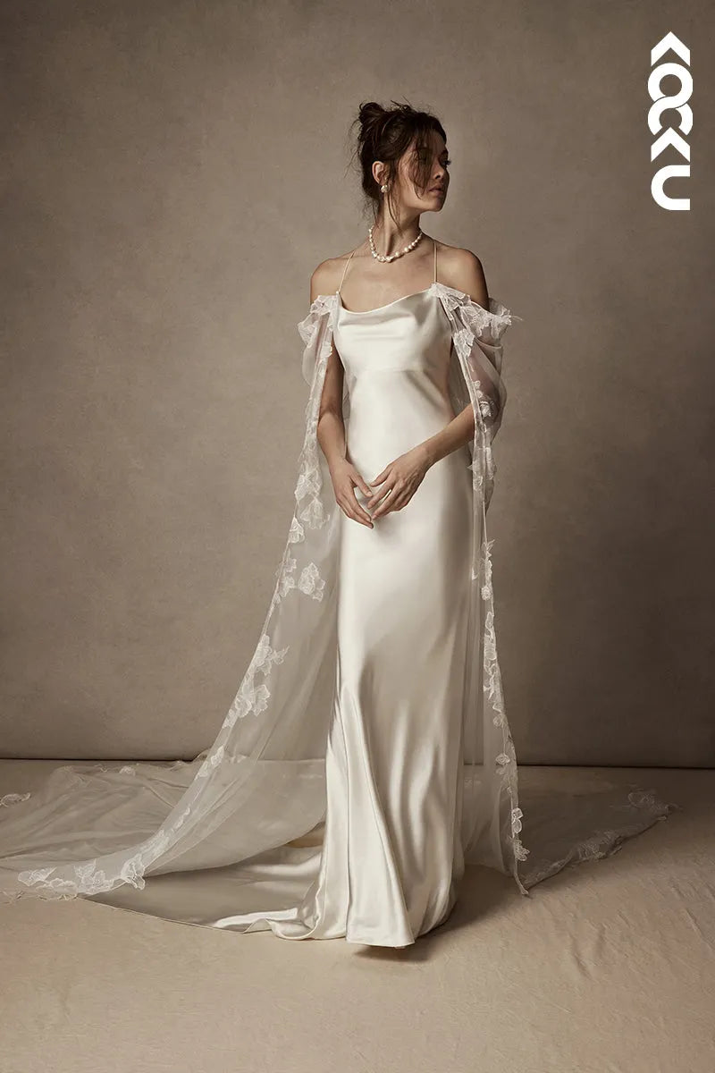 K1823 - Spaghetti Straps Satin Tulle Mermaid Long Wedding Dress With Sweep Train