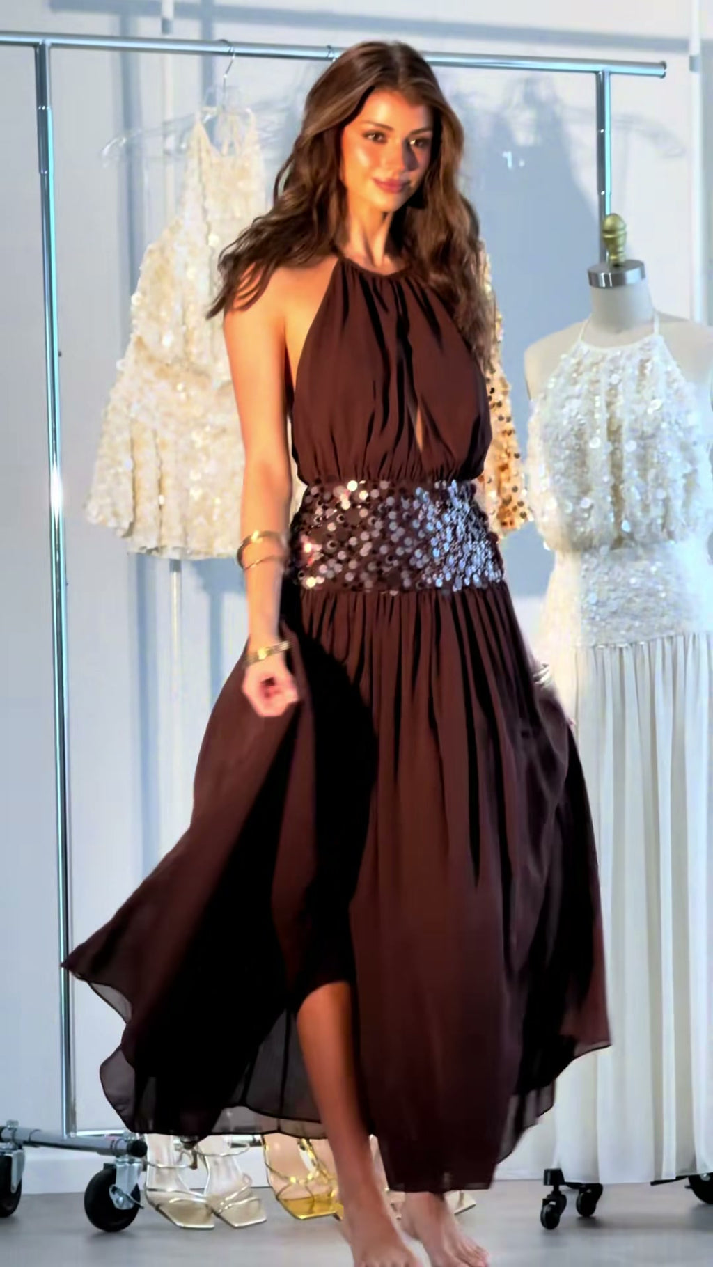 chocolate-brown-halter-gown-sequin-waist-pleated-maxi-dress-with-slit