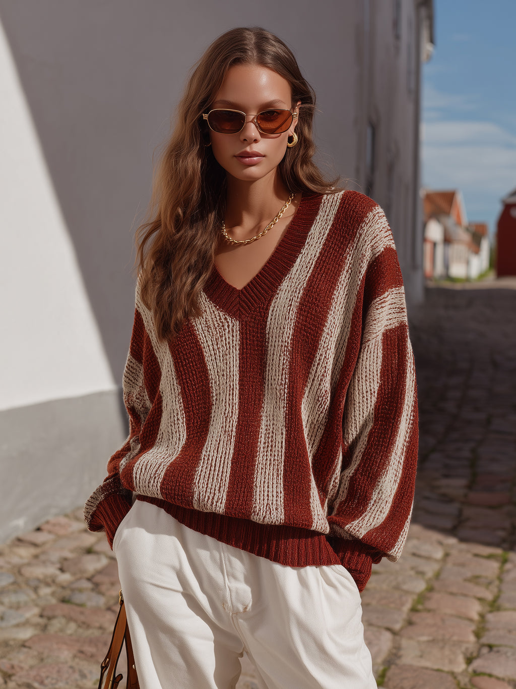 Bohemian Rust Beige Vertical Stripe V Neck Loose Knit Sweater