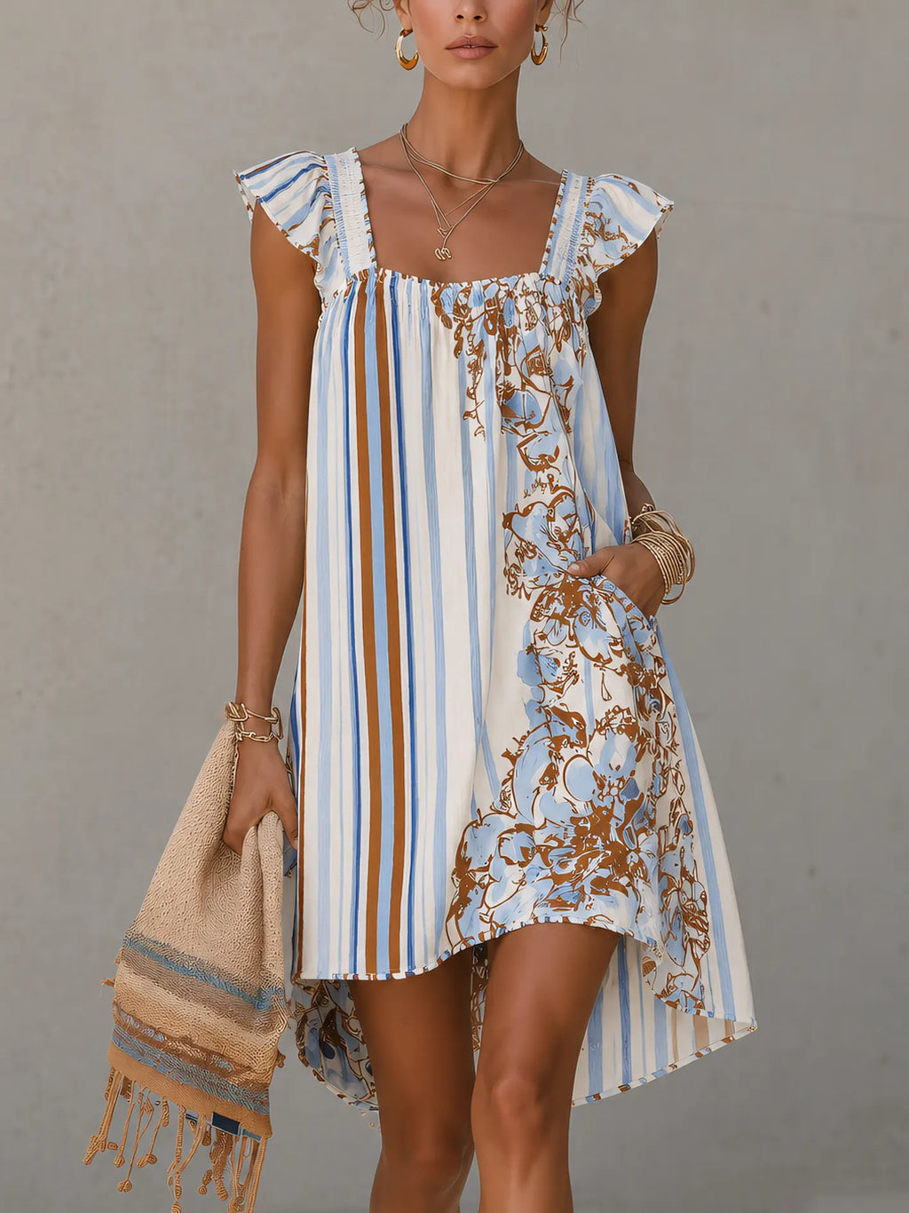 White Striped Ruffle Sleeves Floral Mini Dress