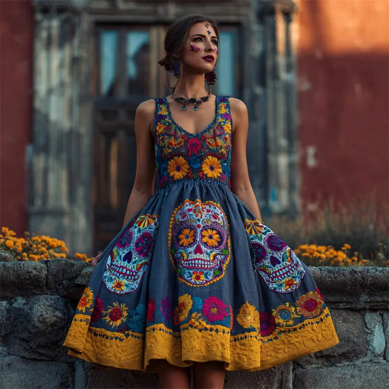 Day Of The Dead Sugar Skulls Marigolds Floral Linen Evening Dress