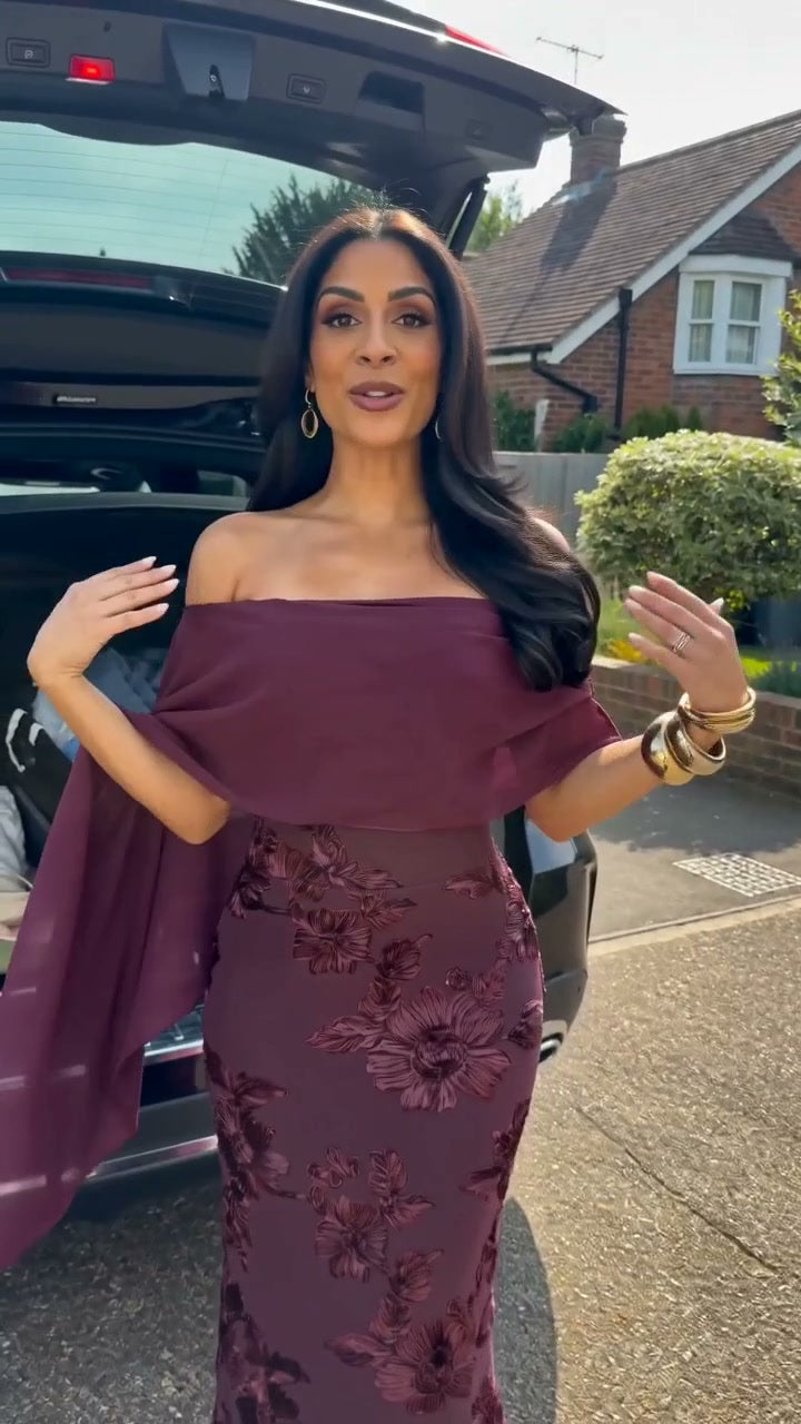 burgundy-floral-cape-midi-dress-off-shoulder-sheath-dress