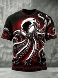 Men's Retro Dark Octopus Print Crew Neck T-shirt