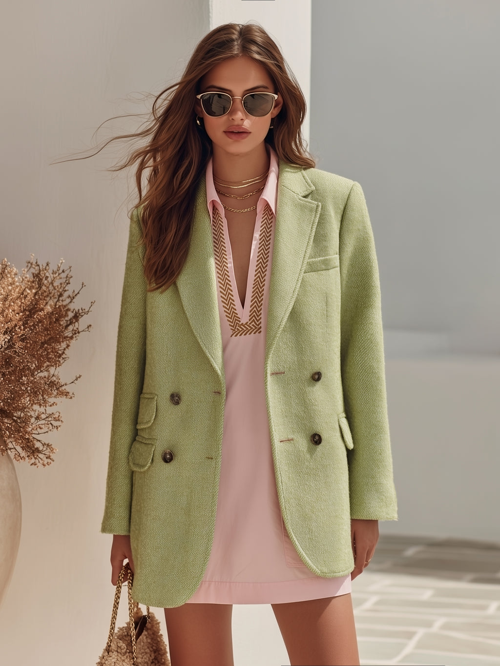Old Money Resort Sage Green Woolen Double Breasted Blazer