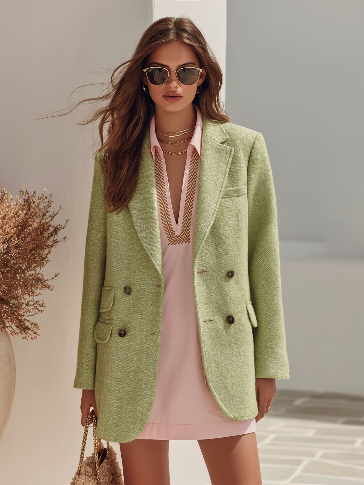 Old Money Resort Sage Green Woolen Double Breasted Blazer