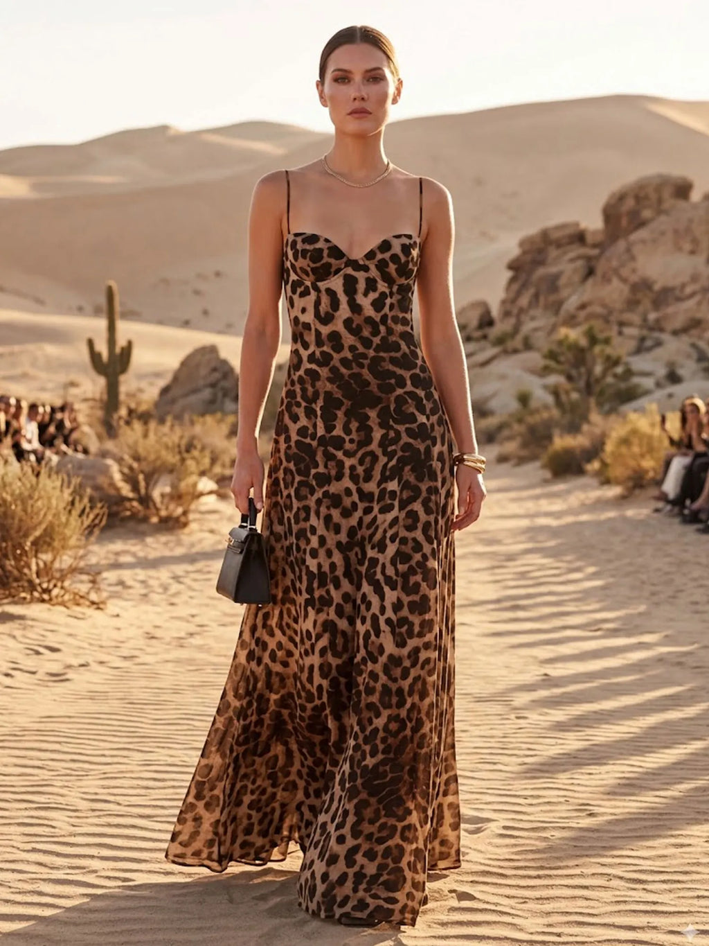 2026 Spring/Summer Elevated Date Night — Leopard Print Vintage Slim Silhouette Satin Touch Minimalist Maxi Dress