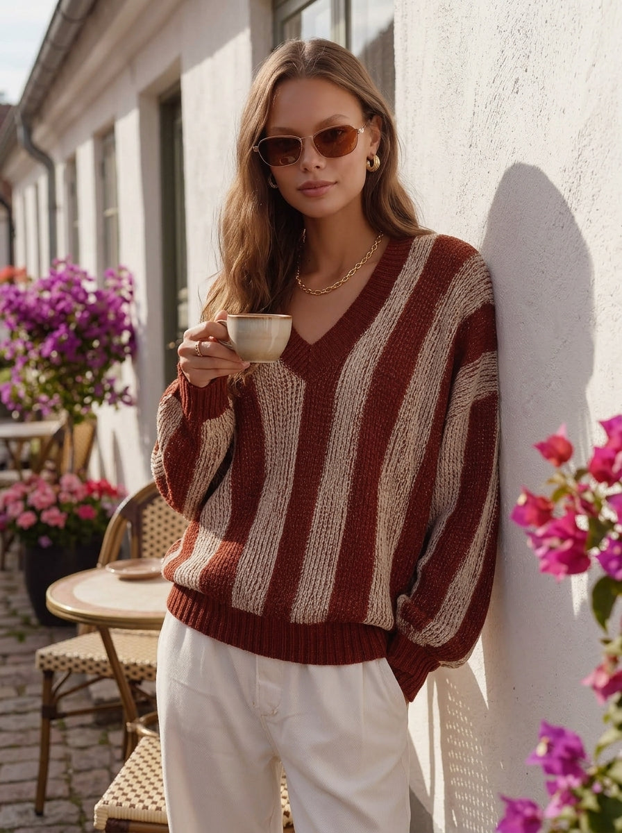 Bohemian Rust Beige Vertical Stripe V Neck Loose Knit Sweater