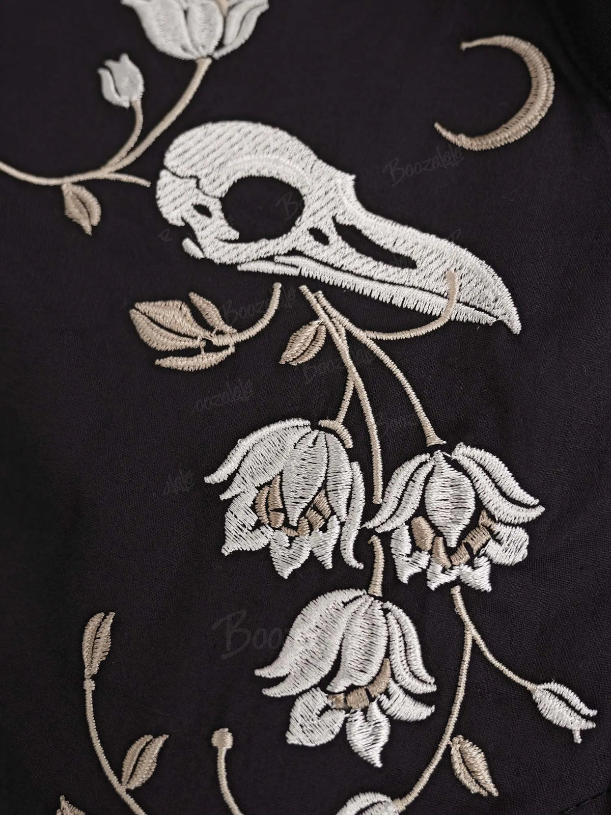 [Embroidery]Skeleton Crow Head And Flower - 100% Cotton Double Pocket Dress