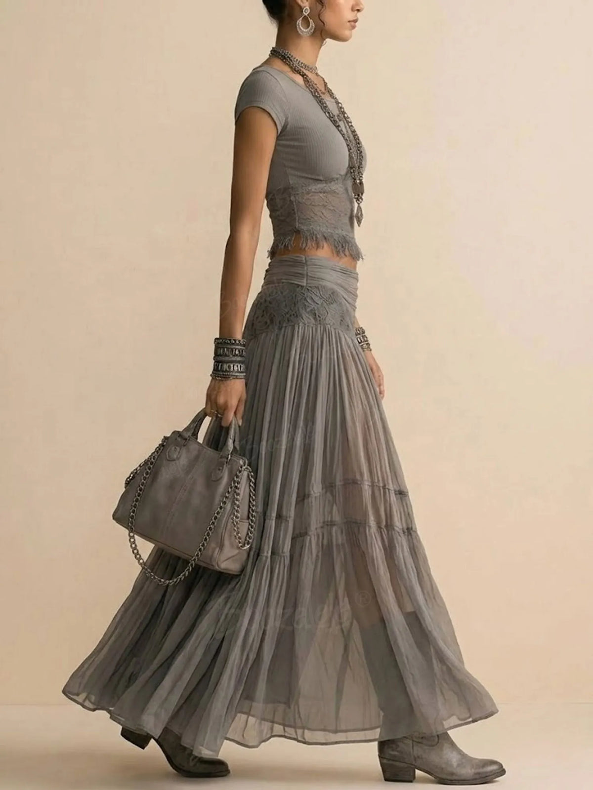 2026 SS Western Romance — Cement Gray Heavy Lace Patchwork Crop Top & Pleated Maxi Set