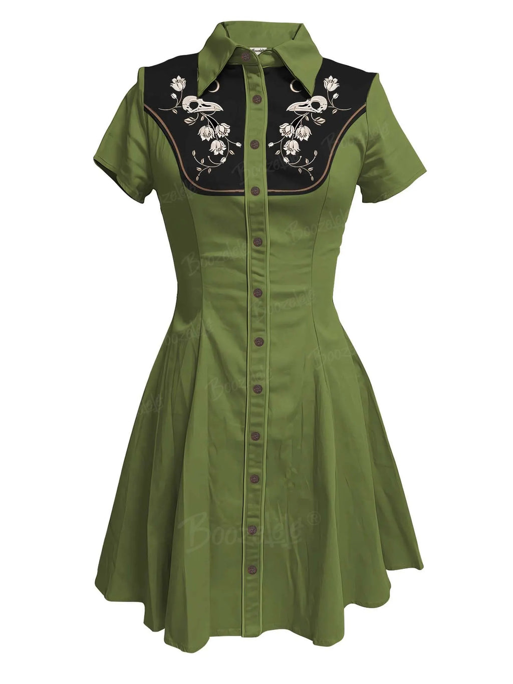 [Embroidery]Skeleton Crow Head And Flower - 100% Cotton Double Pocket Dress