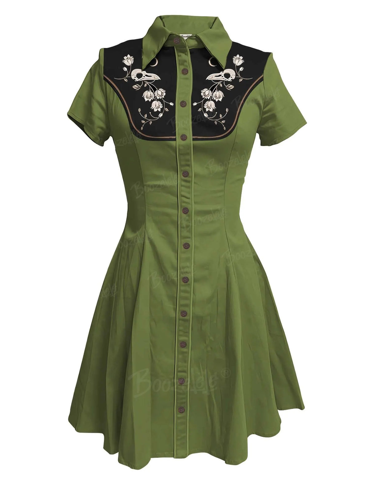 [Embroidery]Skeleton Crow Head And Flower - 100% Cotton Double Pocket Dress