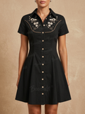 [Embroidery]Skeleton Crow Head And Flower - 100% Cotton Double Pocket Dress