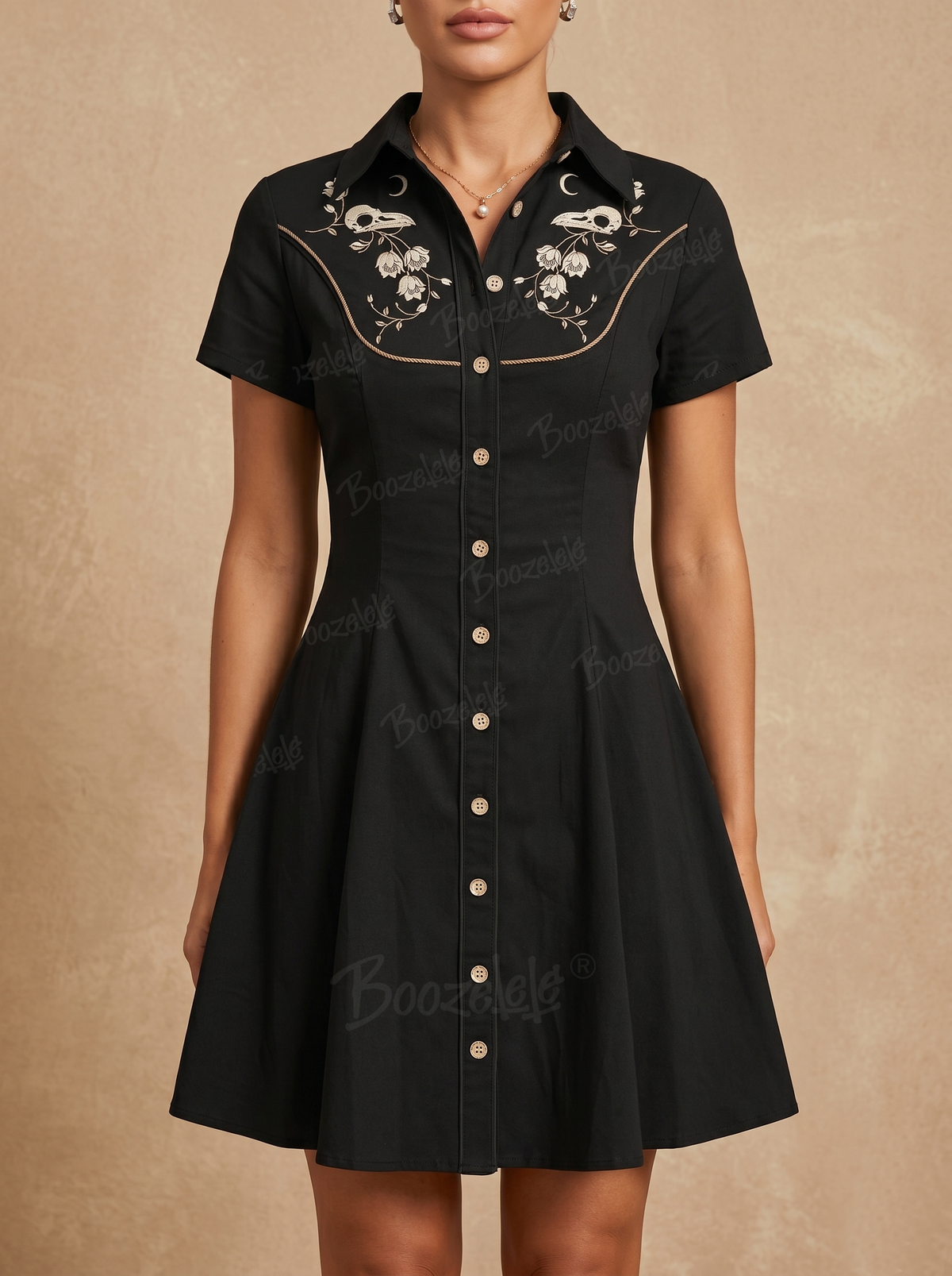 [Embroidery]Skeleton Crow Head And Flower - 100% Cotton Double Pocket Dress