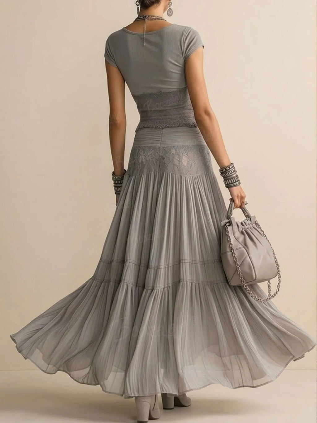 2026 SS Western Romance — Cement Gray Heavy Lace Patchwork Crop Top & Pleated Maxi Set
