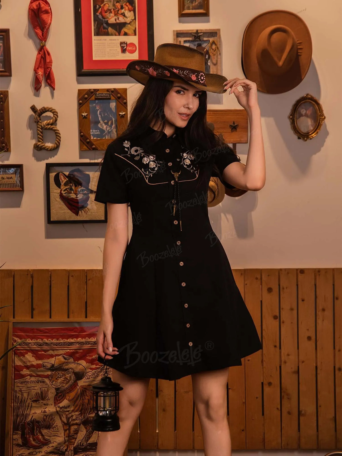 [Embroidery]Skeleton Crow Head And Flower - 100% Cotton Double Pocket Dress