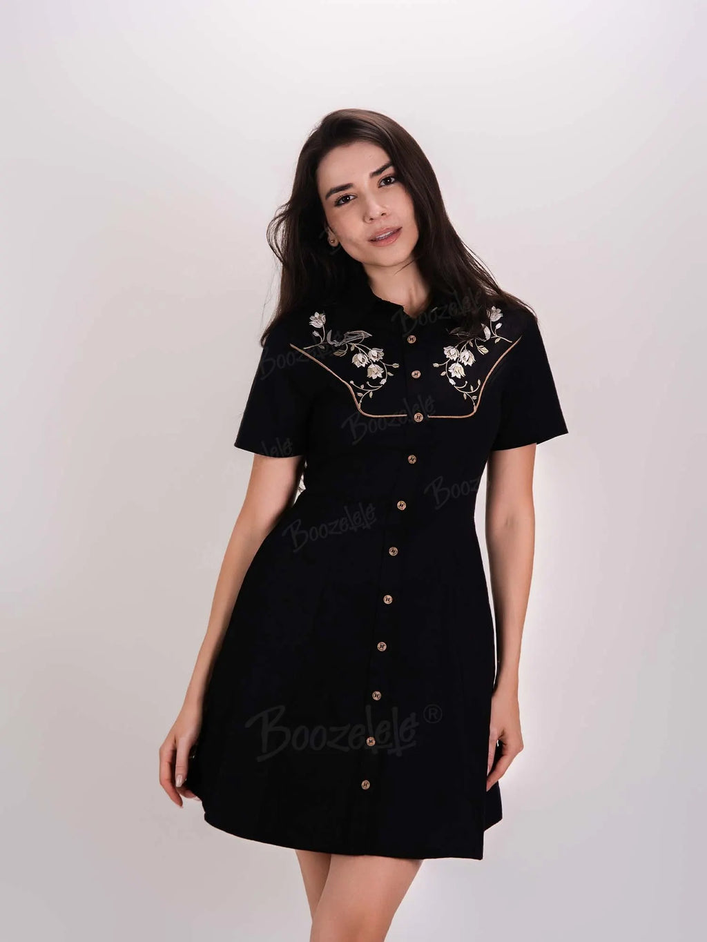 [Embroidery]Skeleton Crow Head And Flower - 100% Cotton Double Pocket Dress