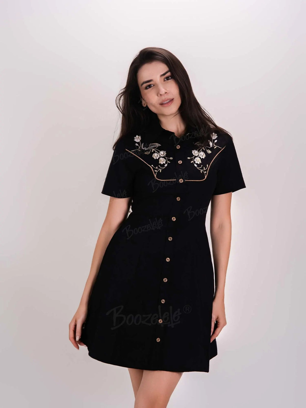 [Embroidery]Skeleton Crow Head And Flower - 100% Cotton Double Pocket Dress