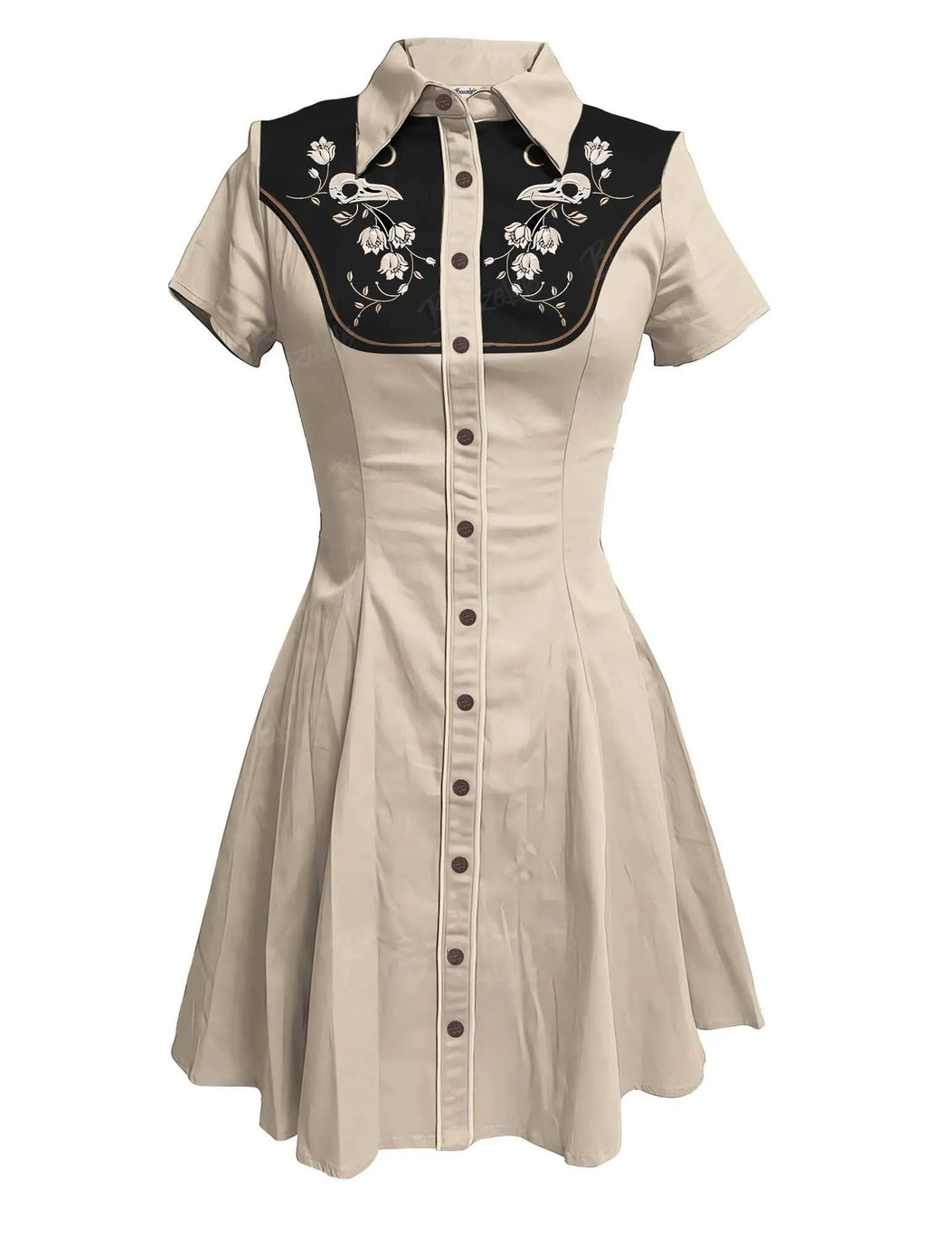 [Embroidery]Skeleton Crow Head And Flower - 100% Cotton Double Pocket Dress