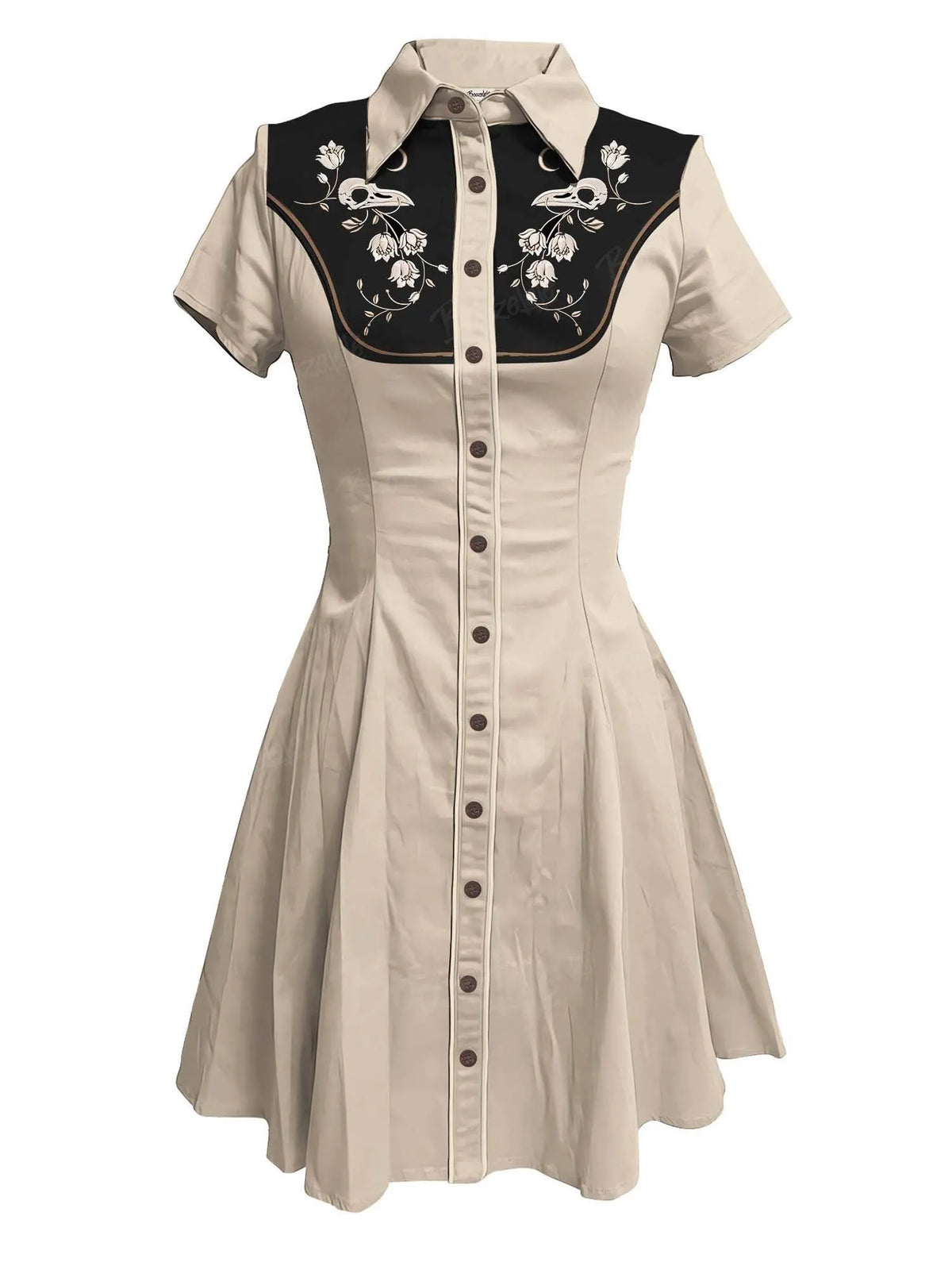 [Embroidery]Skeleton Crow Head And Flower - 100% Cotton Double Pocket Dress