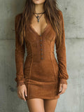 Vintage Rust Red Square Neck Embroidered Button-Front Mini Dress