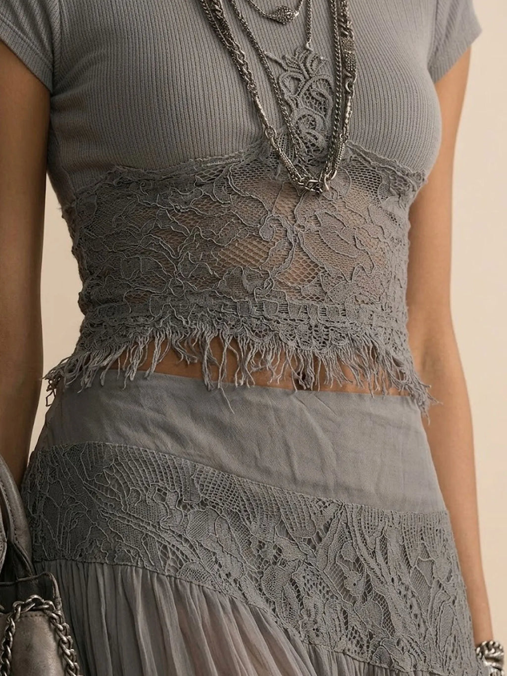 2026 SS Western Romance — Cement Gray Heavy Lace Patchwork Crop Top & Pleated Maxi Set