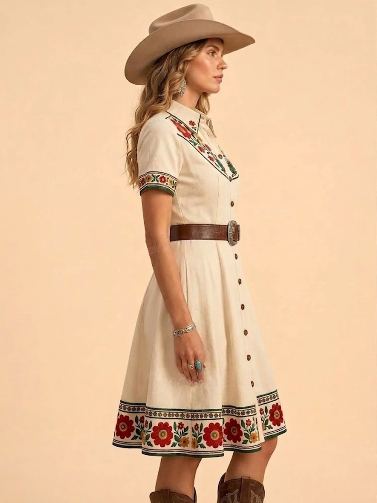 2026 S/S Vintage Romance — Off-White Heavy Red Floral A-Line 100% Cotton Shirt Mini Dress