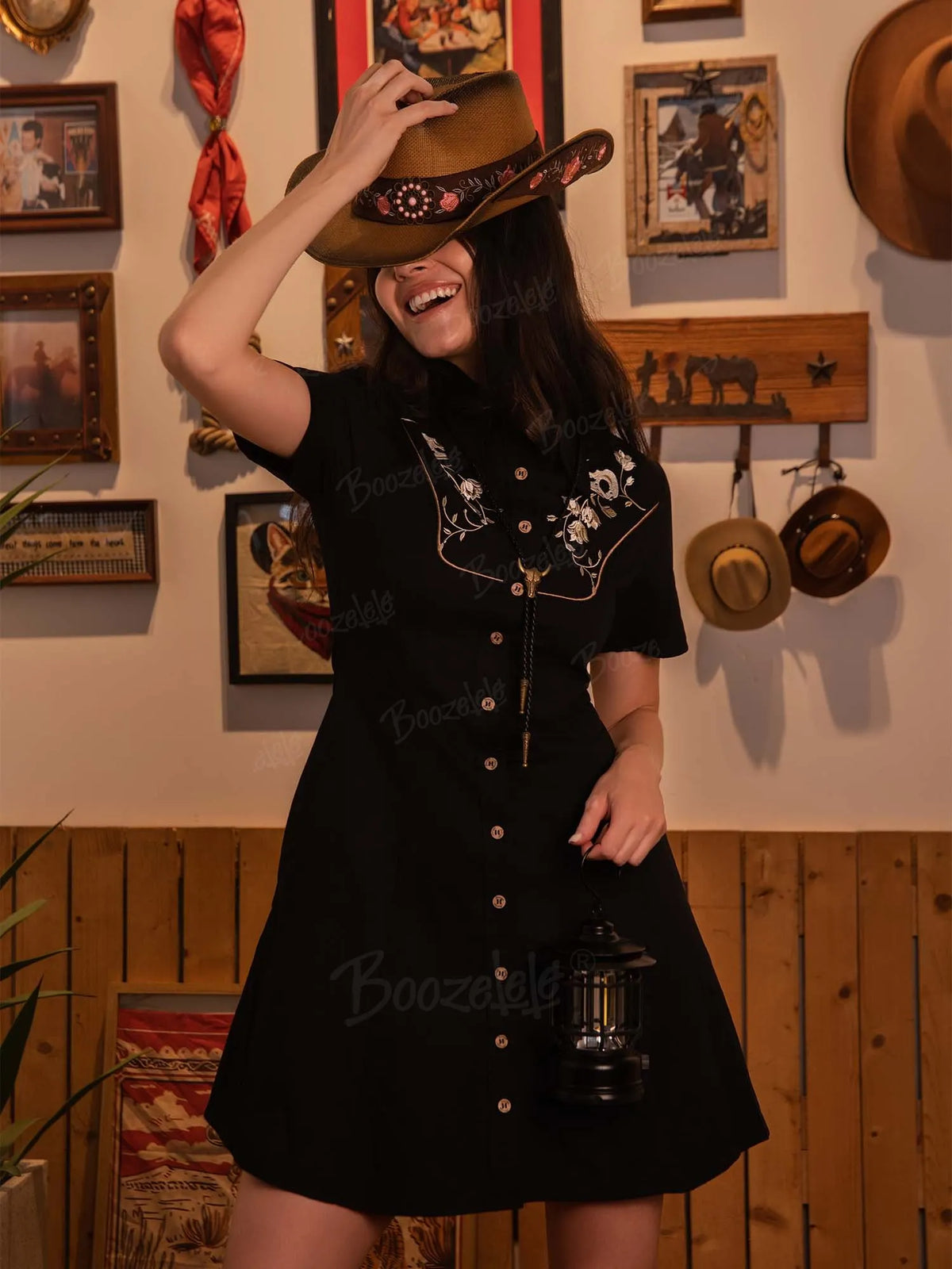 [Embroidery]Skeleton Crow Head And Flower - 100% Cotton Double Pocket Dress