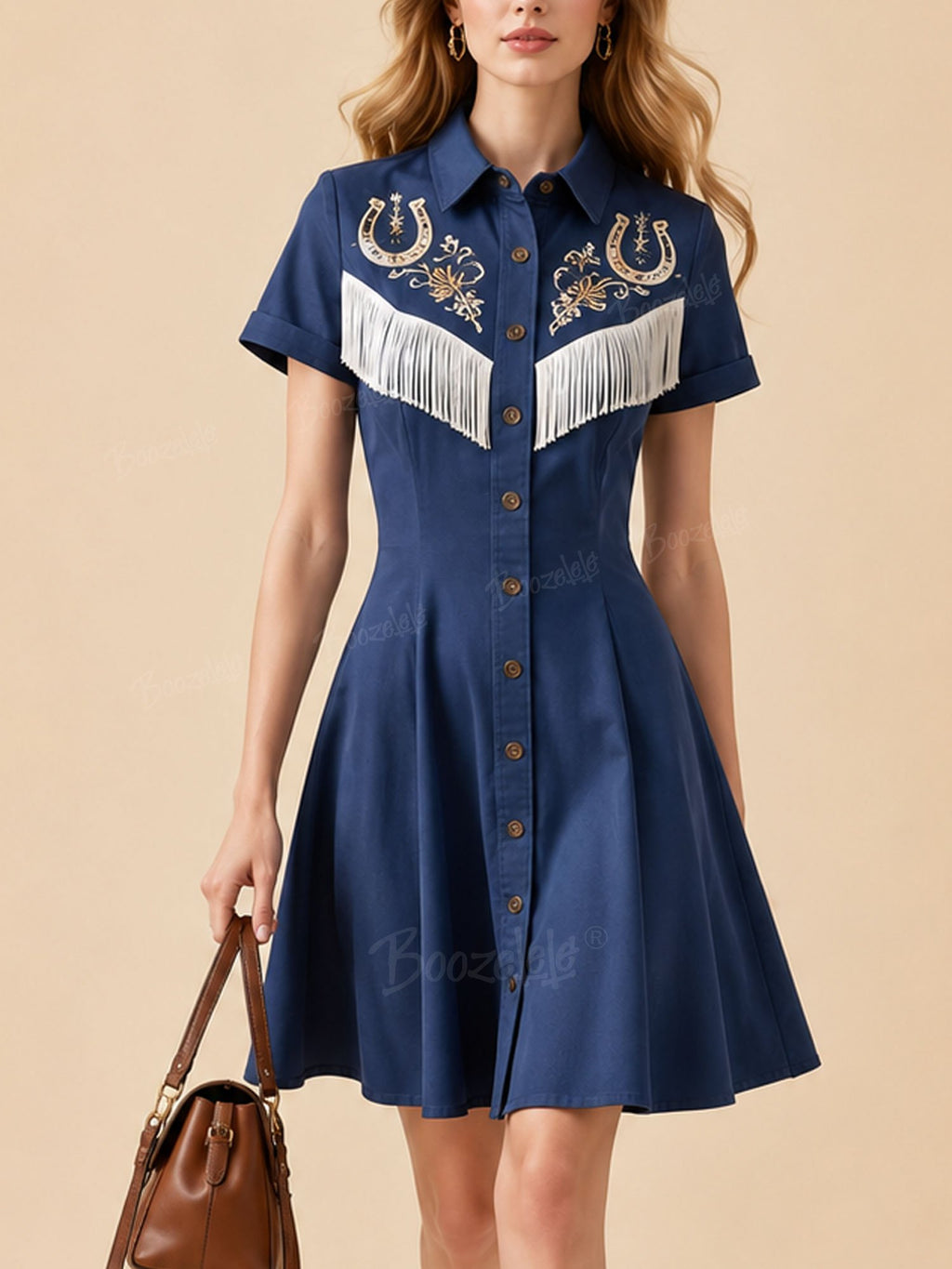 2026 S/S Vintage Classic — Navy Blue Horseshoe  White Fringe A-Line Shirt Mini Dress