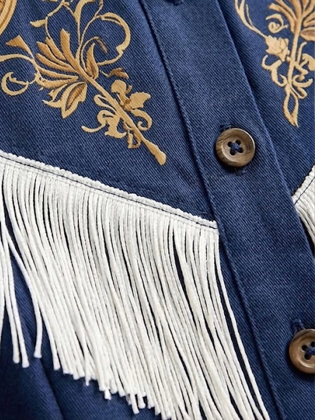 2026 S/S Vintage Classic — Navy Blue Horseshoe  White Fringe A-Line Shirt Mini Dress