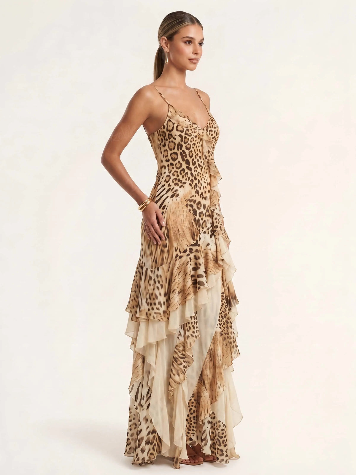 Perfect for Glamorous Cocktail Parties — Leopard Print Ruffle Spaghetti Strap Silk Maxi Dress