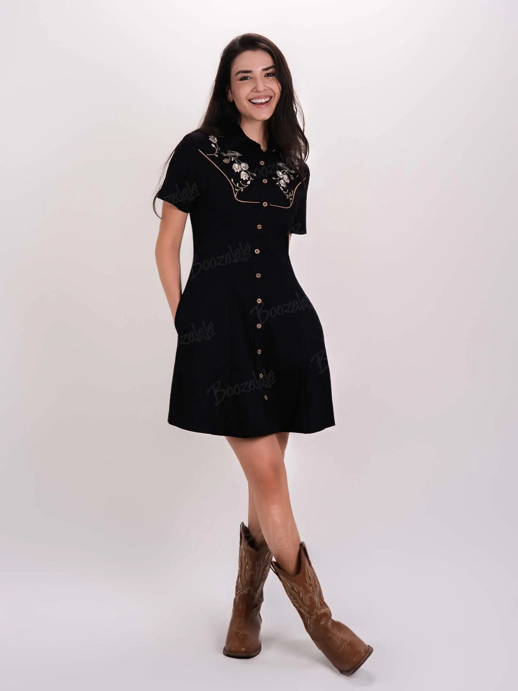 [Embroidery]Skeleton Crow Head And Flower - 100% Cotton Double Pocket Dress