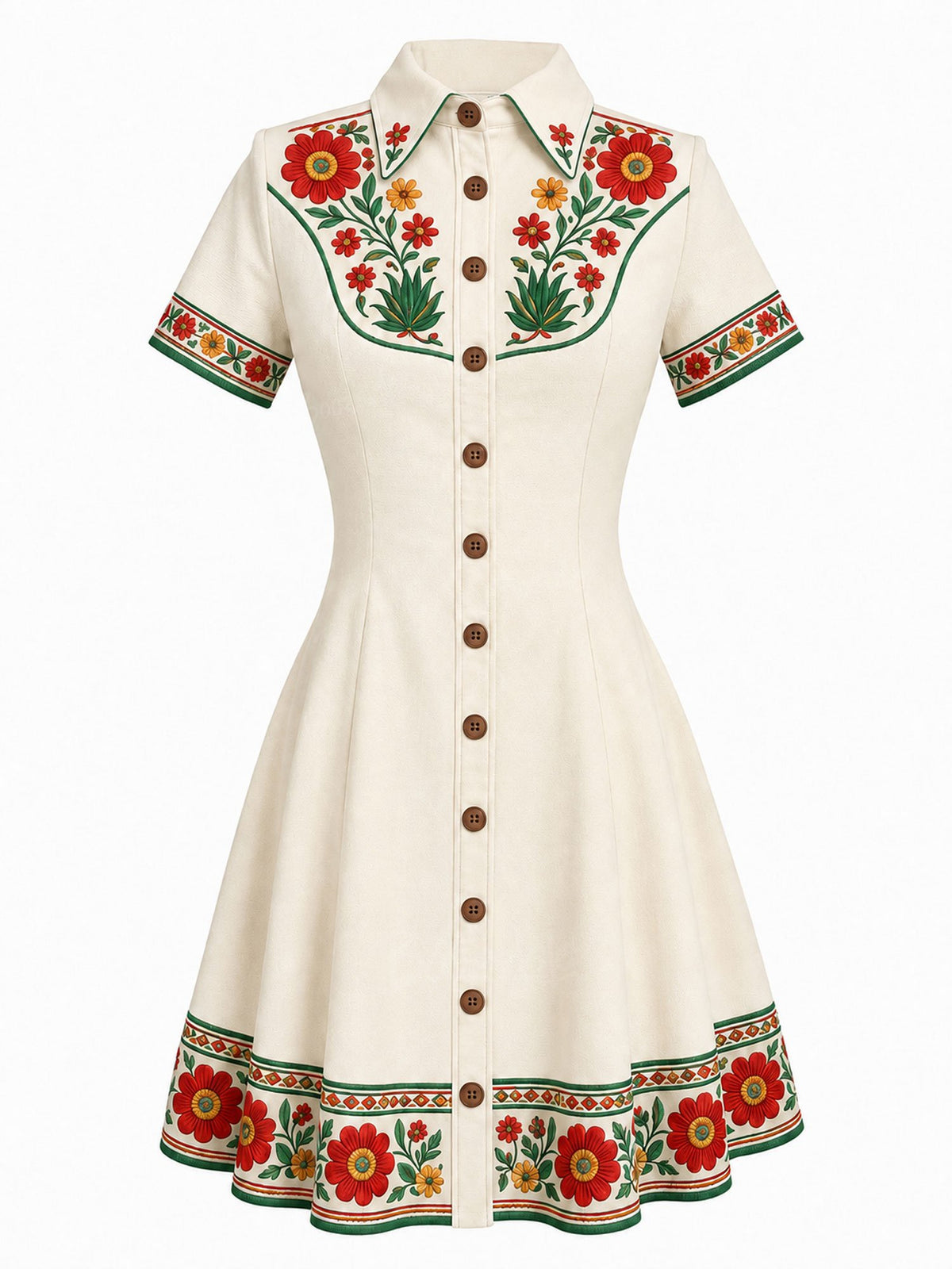 2026 S/S Vintage Romance — Off-White Heavy Red Floral A-Line 100% Cotton Shirt Mini Dress