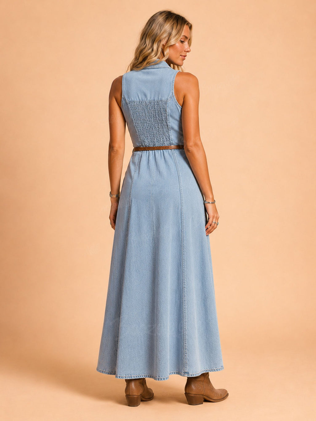 2026 SS Western Romance — Light Wash Heavy Denim Lapel-Neck Halter Button-Front Maxi Dress