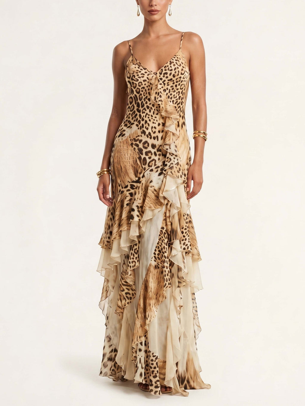 Perfect for Glamorous Cocktail Parties — Leopard Print Ruffle Spaghetti Strap Silk Maxi Dress