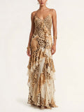 Perfect for Glamorous Cocktail Parties — Leopard Print Ruffle Spaghetti Strap Silk Maxi Dress
