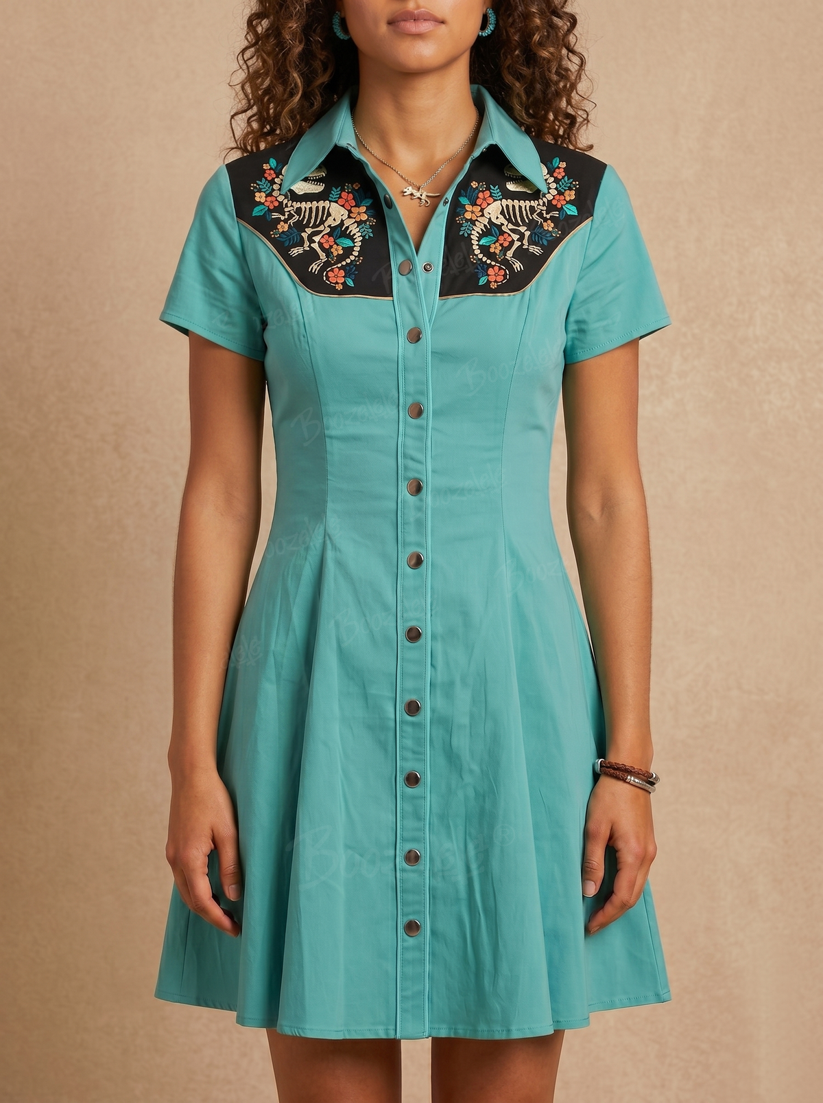 Flowers And Dinosaur Skeleton - 100% Cotton Dress