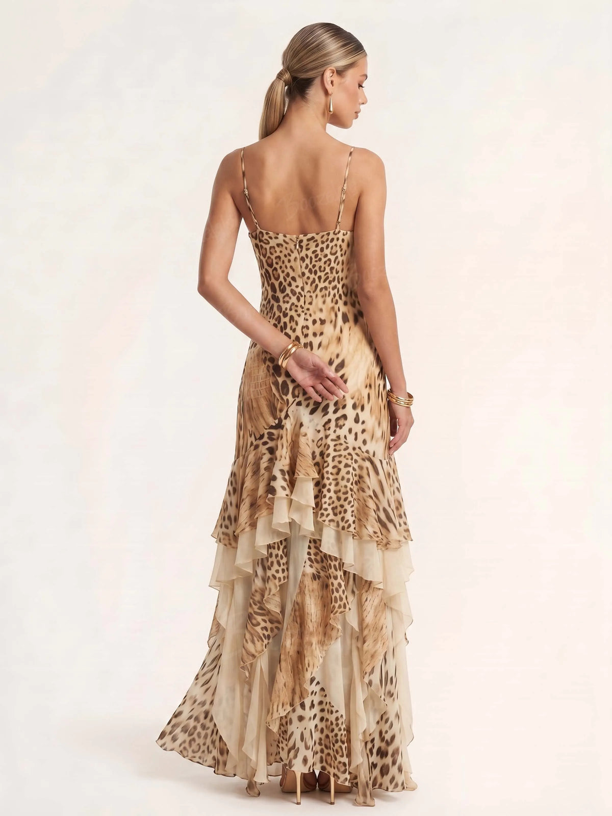 Perfect for Glamorous Cocktail Parties — Leopard Print Ruffle Spaghetti Strap Silk Maxi Dress