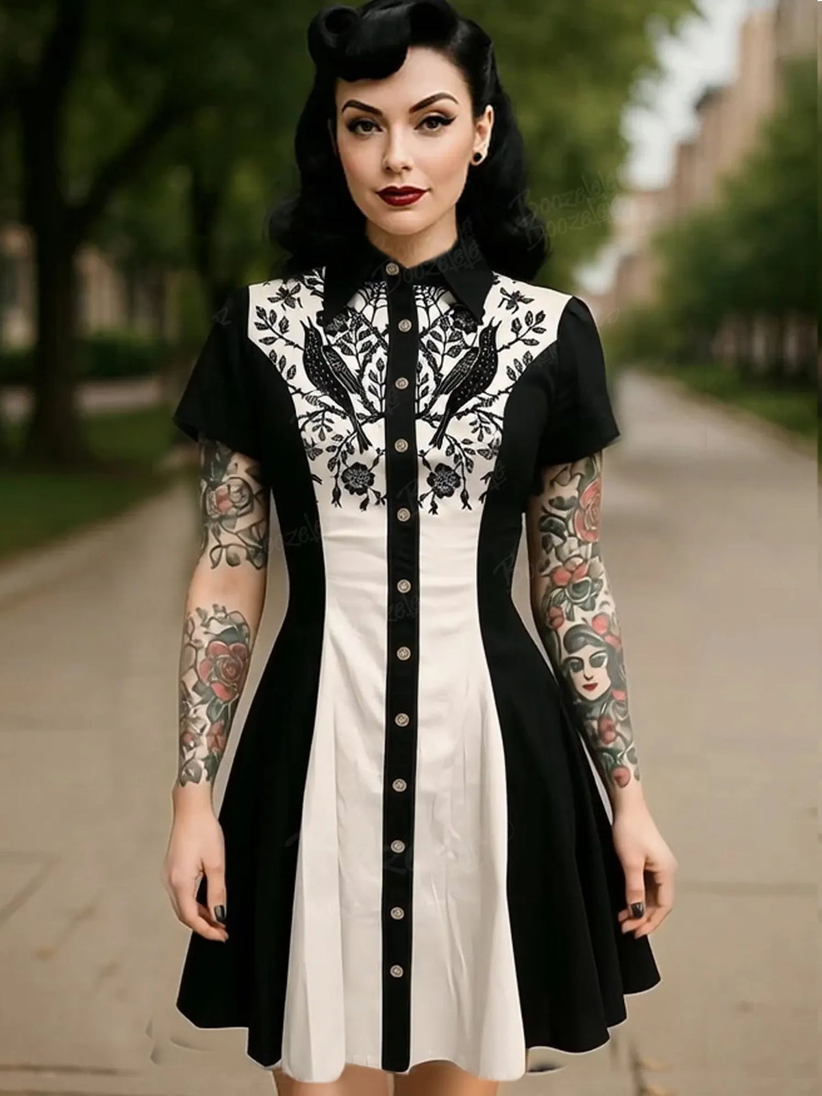 Crow And Flowers - 100% Cotton Dress