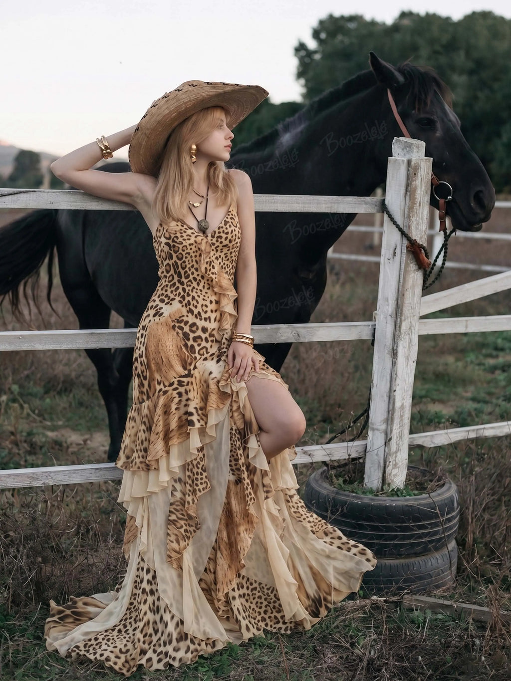 Perfect for Glamorous Cocktail Parties — Leopard Print Ruffle Spaghetti Strap Silk Maxi Dress