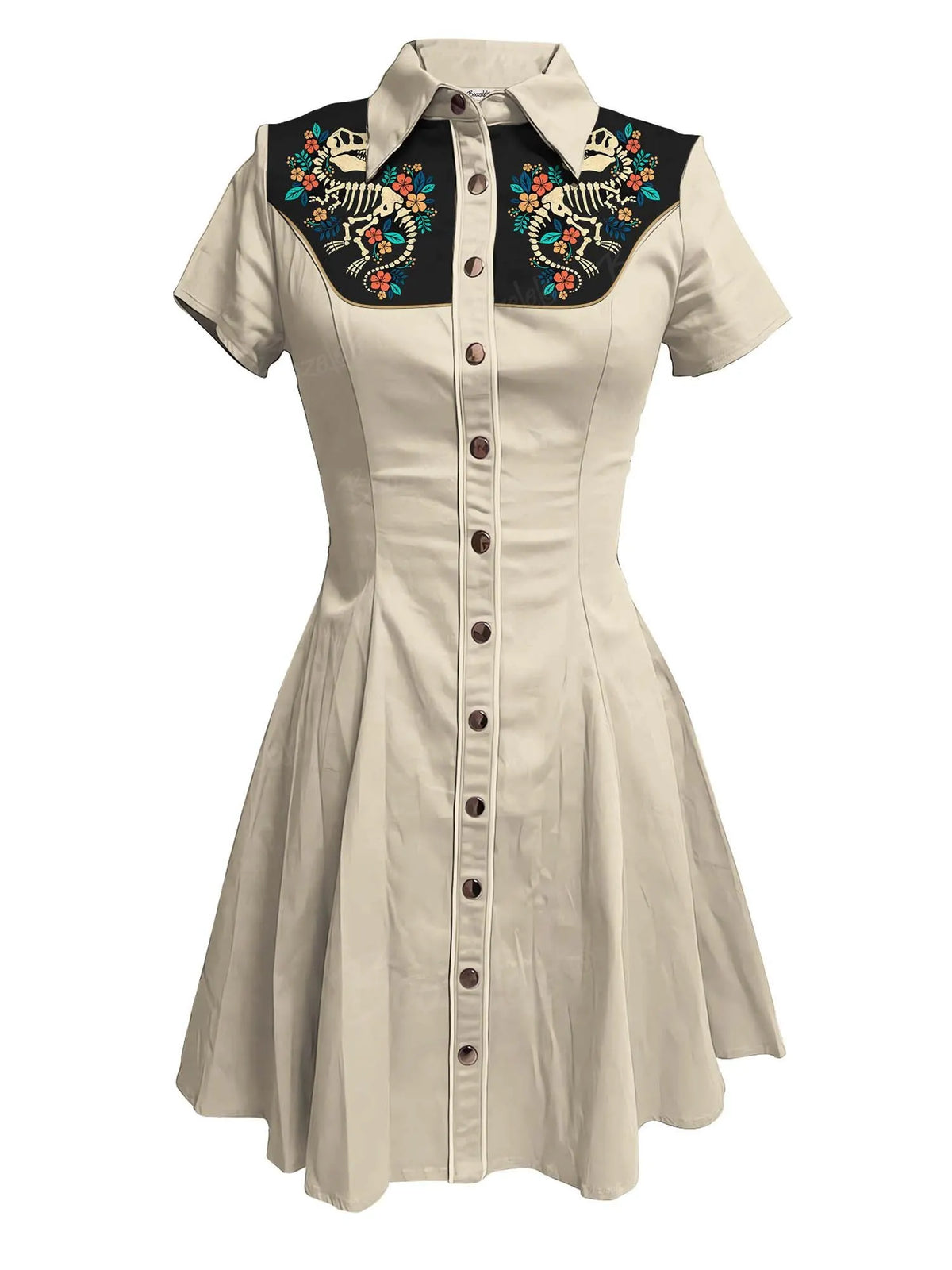 Flowers And Dinosaur Skeleton - 100% Cotton Dress