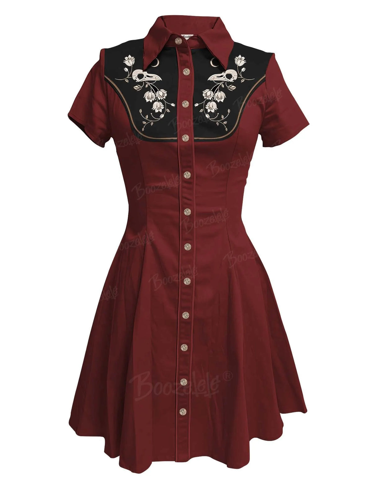 [Embroidery]Skeleton Crow Head And Flower - 100% Cotton Double Pocket Dress
