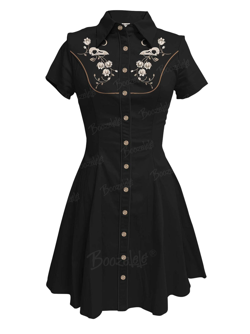 [Embroidery]Skeleton Crow Head And Flower - 100% Cotton Double Pocket Dress