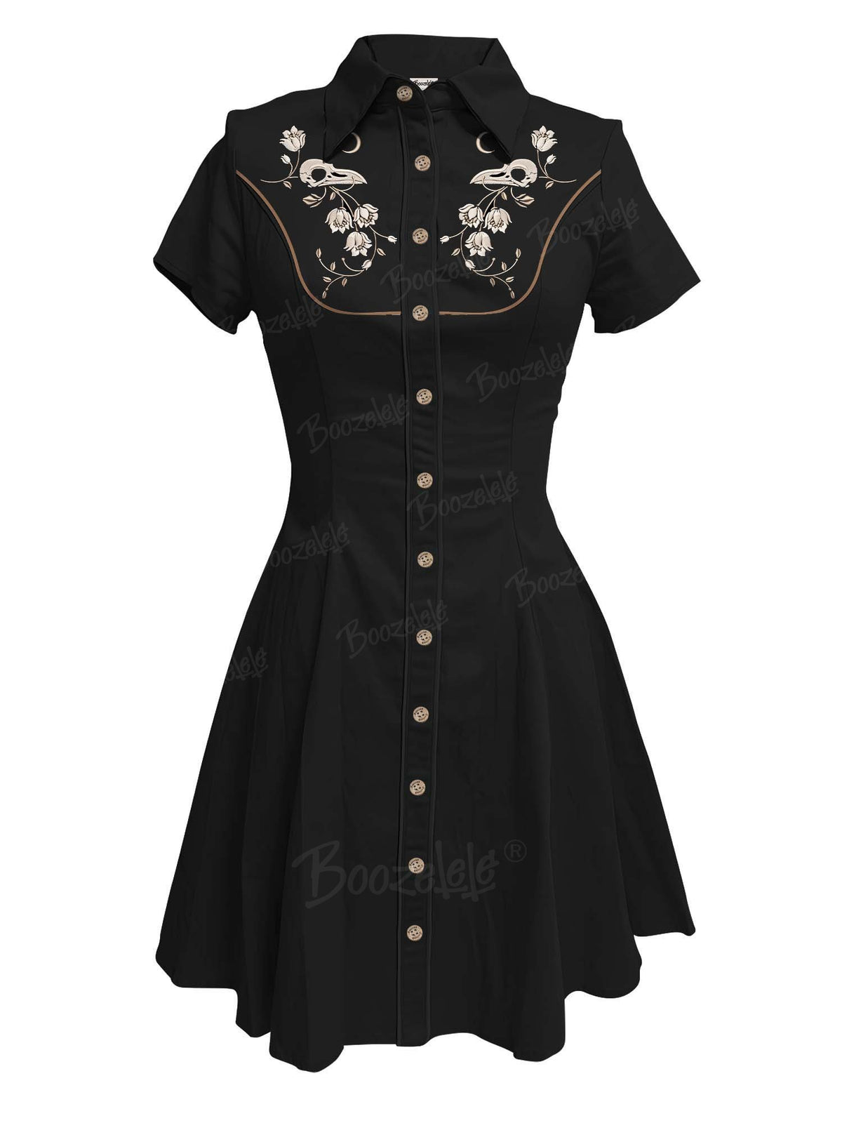 [Embroidery]Skeleton Crow Head And Flower - 100% Cotton Double Pocket Dress