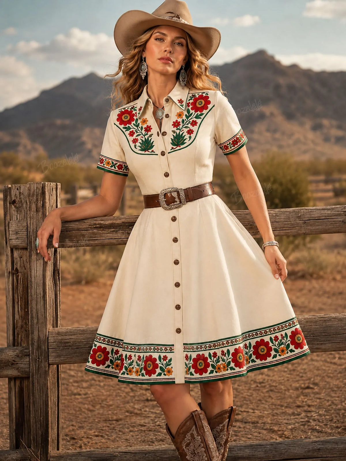 2026 S/S Vintage Romance — Off-White Heavy Red Floral A-Line 100% Cotton Shirt Mini Dress