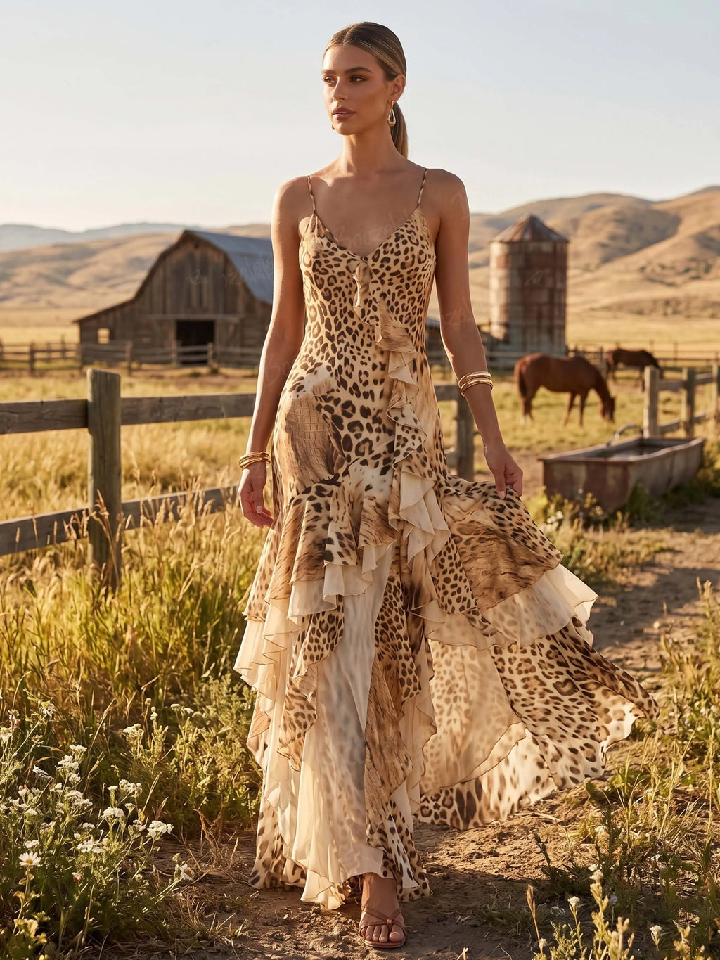 Perfect for Glamorous Cocktail Parties — Leopard Print Ruffle Spaghetti Strap Silk Maxi Dress