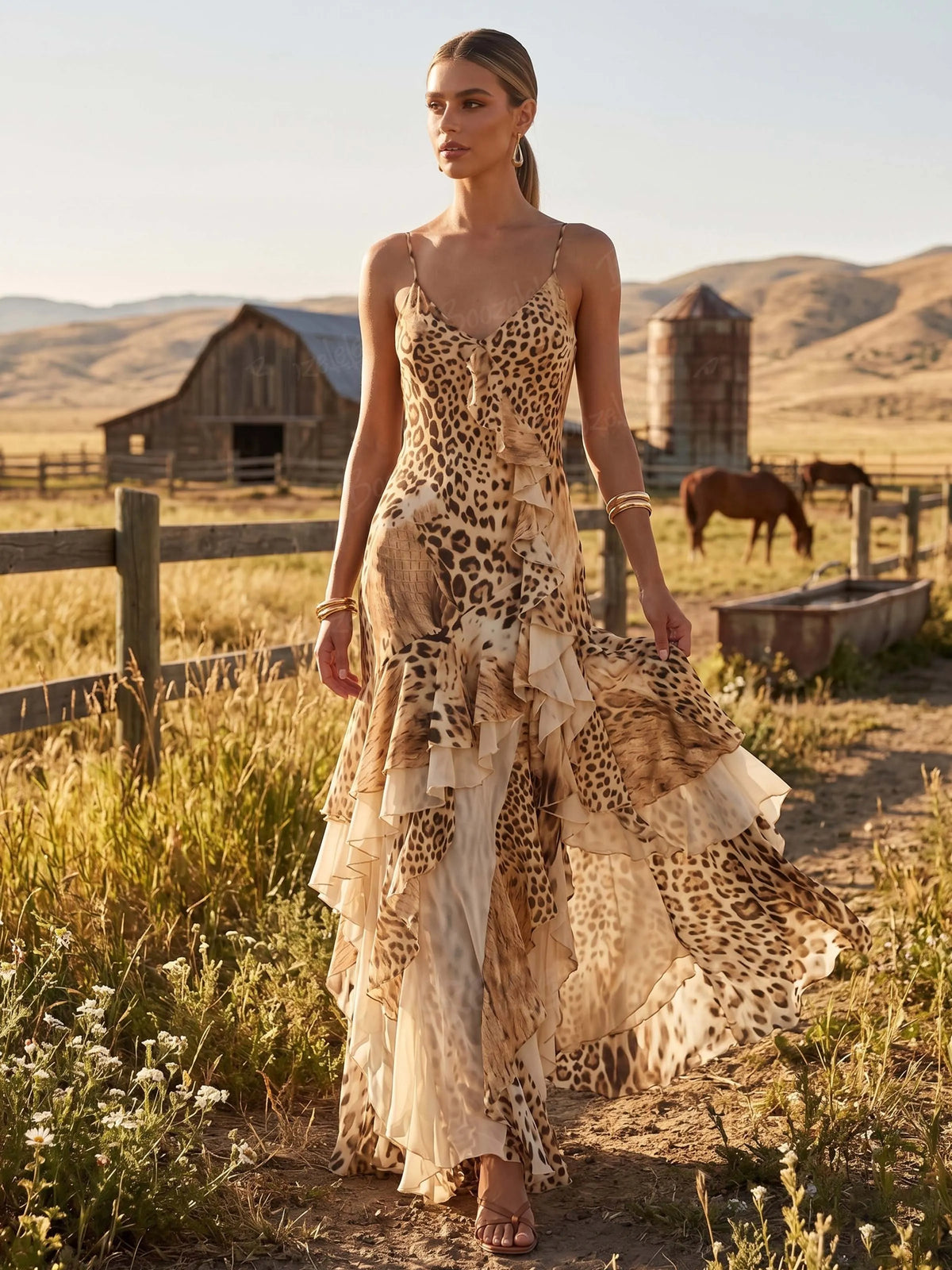 Perfect for Glamorous Cocktail Parties — Leopard Print Ruffle Spaghetti Strap Silk Maxi Dress