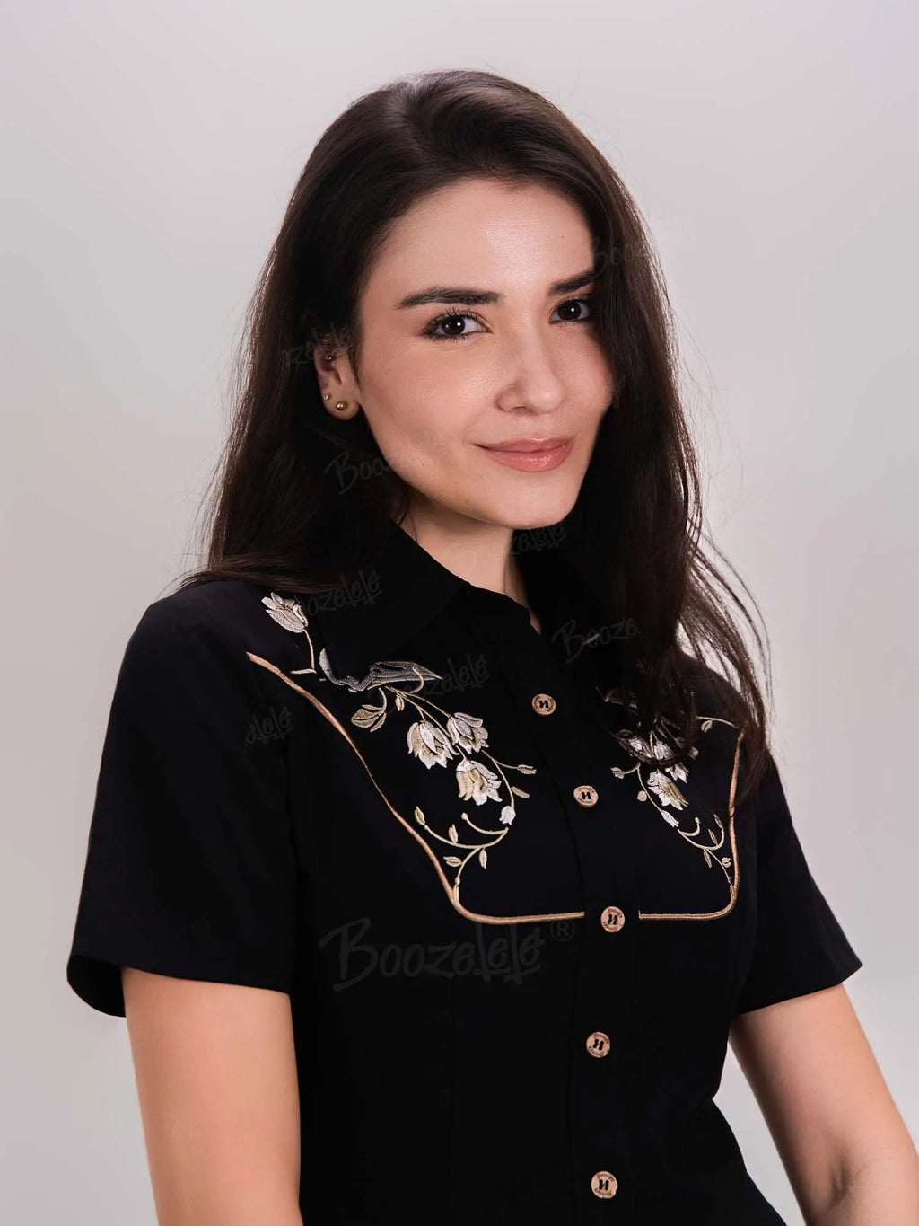 [Embroidery]Skeleton Crow Head And Flower - 100% Cotton Double Pocket Dress