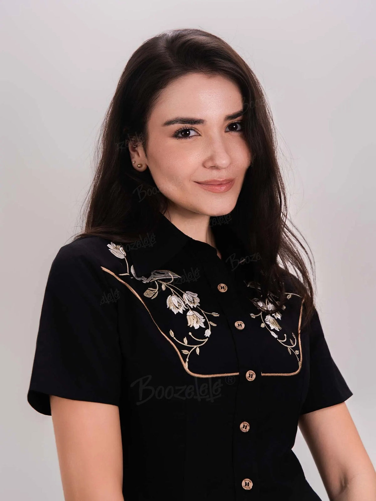 [Embroidery]Skeleton Crow Head And Flower - 100% Cotton Double Pocket Dress